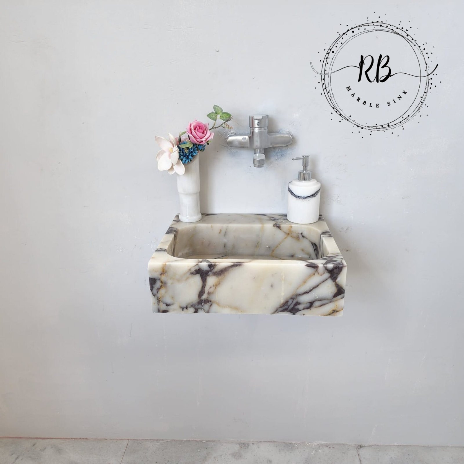 Calacatta Viola Mermer Lavabo – Kare Form Kompakt Lüks Vanity (14") - Görsel 4