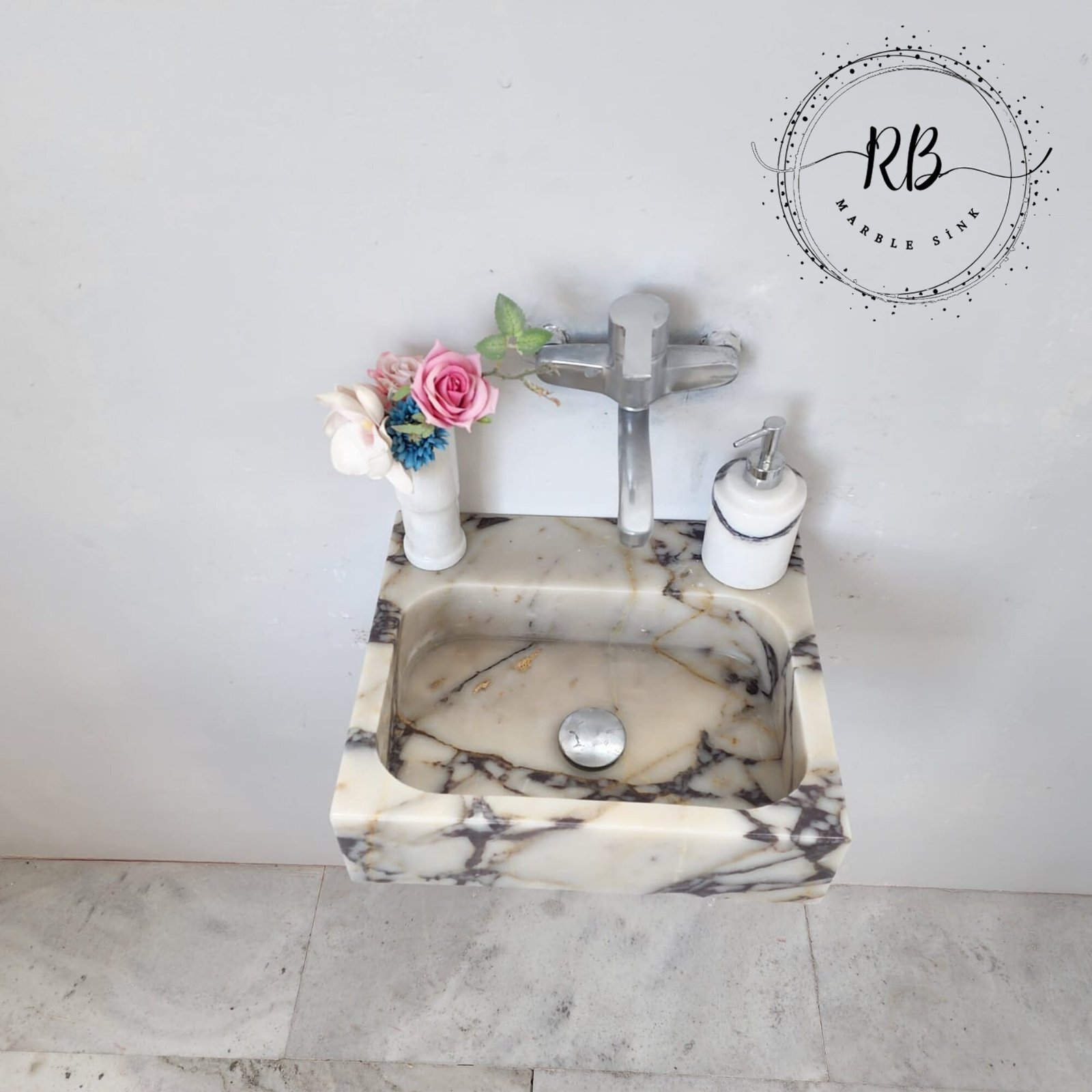 Calacatta Viola Mermer Lavabo – Kare Form Kompakt Lüks Vanity (14") - Görsel 6