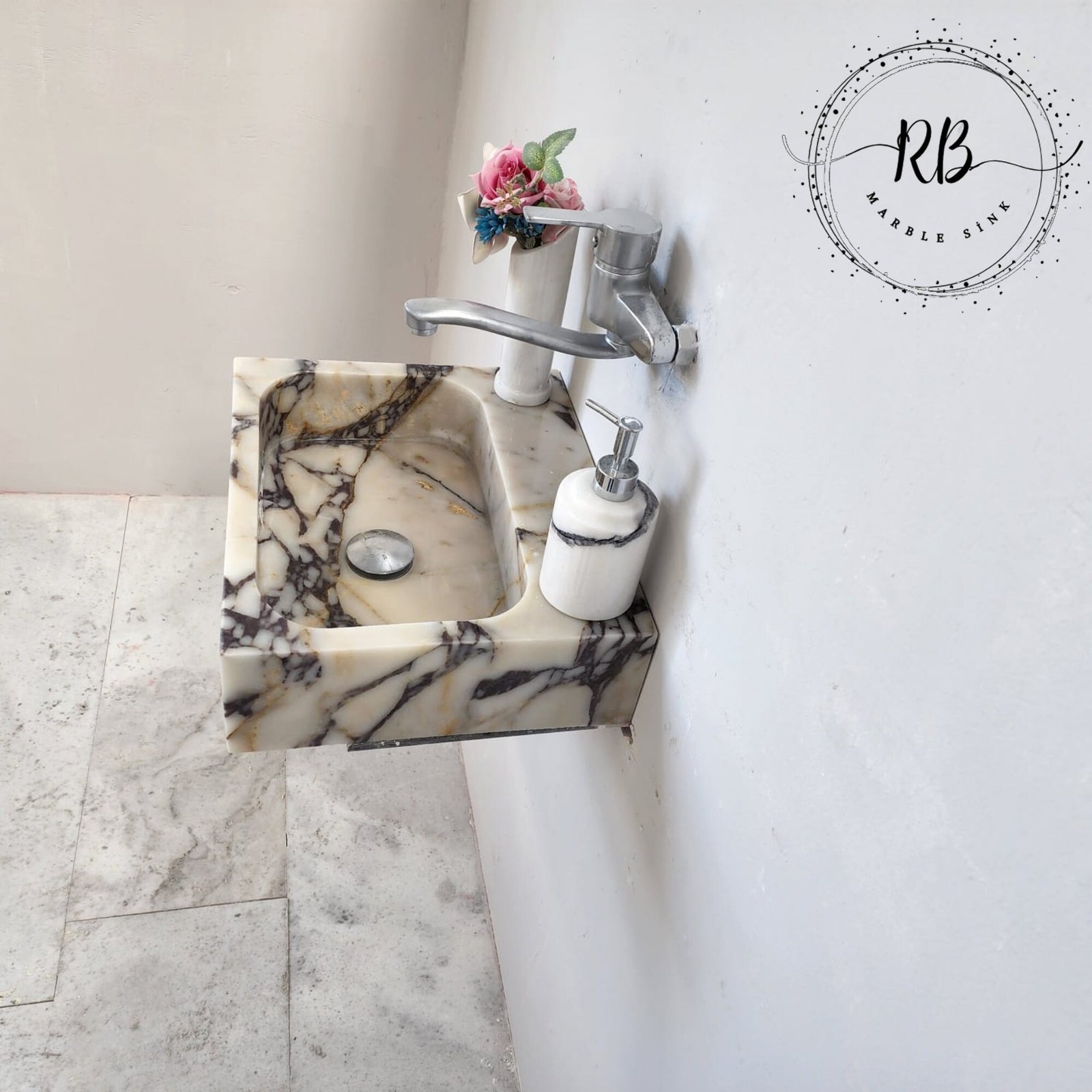 Calacatta Viola Mermer Lavabo – Kare Form Kompakt Lüks Vanity (14") - Görsel 7