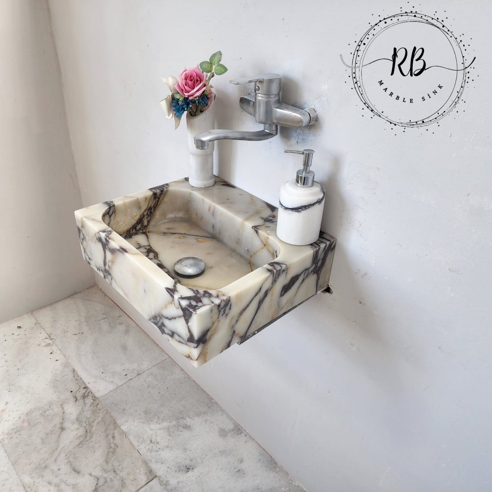 Calacatta Viola Mermer Lavabo – Kare Form Kompakt Lüks Vanity (14") - Görsel 8