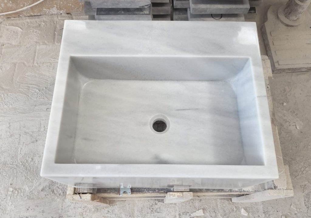 Carrara Beyaz Mermer Lavabo – Duvar Tipi (Floating) Minimalist Lüks Banyo Tezgahı (20") - Görsel 7