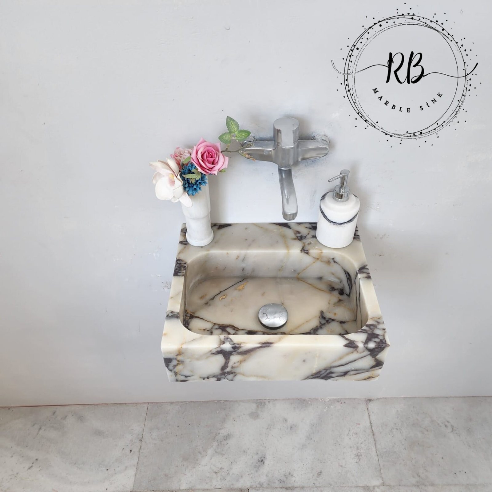 Calacatta Viola Mermer Lavabo – Kare Form Kompakt Lüks Vanity (14") - Görsel 3