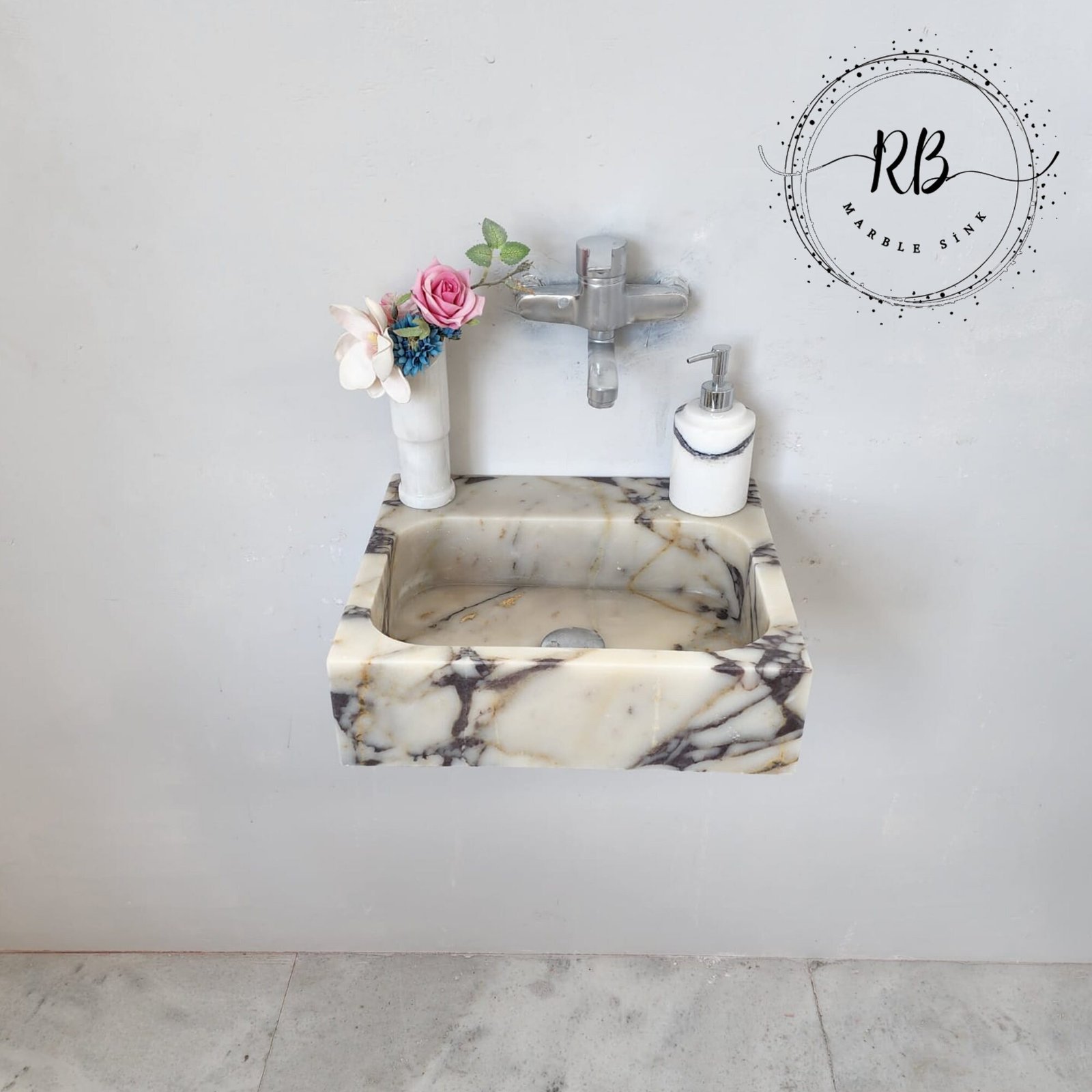 Calacatta Viola Mermer Lavabo – Kare Form Kompakt Lüks Vanity (14") - Görsel 5