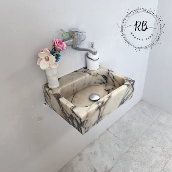Calacatta Viola Mermer Lavabo – Kare Form Kompakt Lüks Vanity (14")