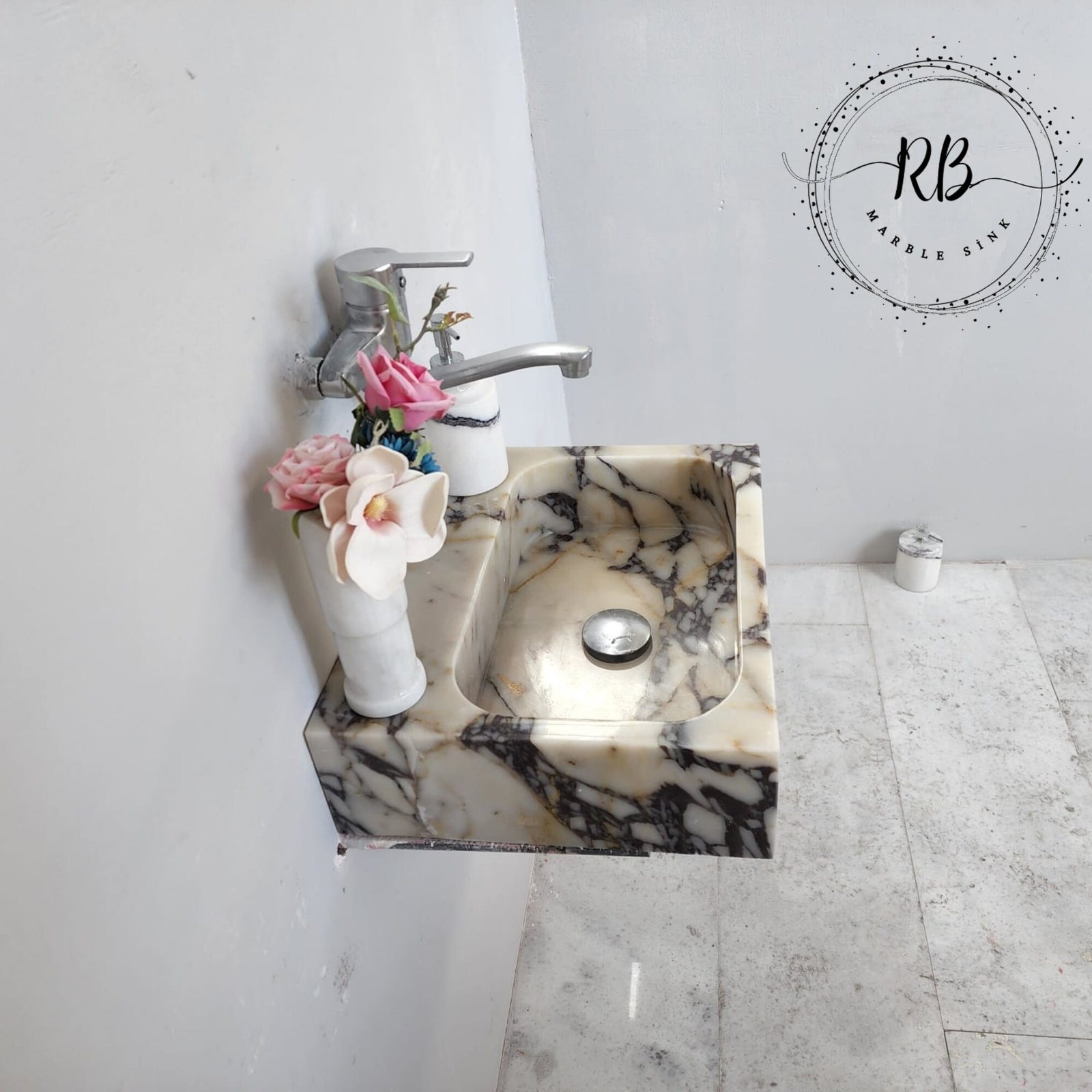 Calacatta Viola Mermer Lavabo – Kare Form Kompakt Lüks Vanity (14") - Görsel 2