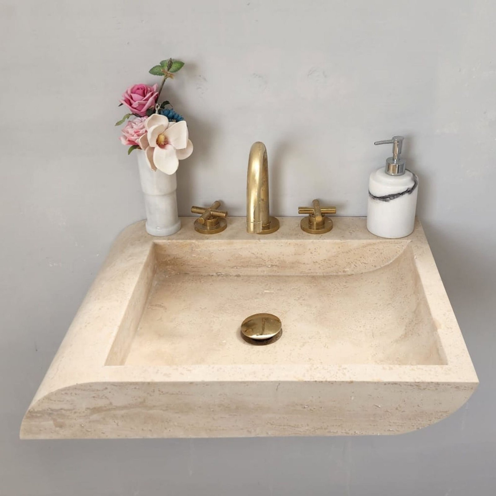 Açık Ton Traverten Mermer Lavabo – El Yapımı Duvara Monte Rustic Sink - Görsel 2