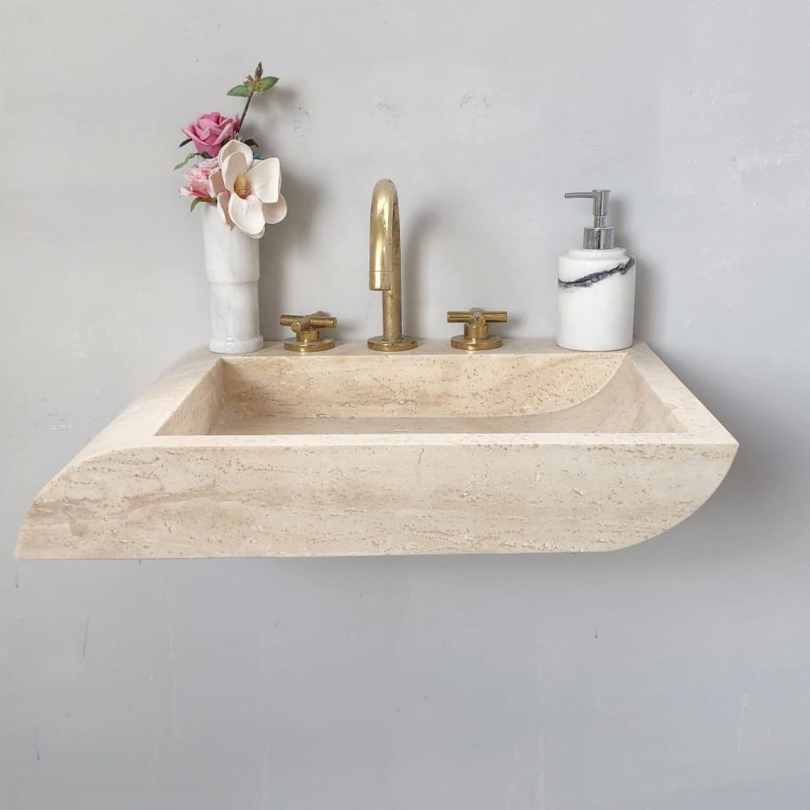 Açık Ton Traverten Mermer Lavabo – El Yapımı Duvara Monte Rustic Sink - Görsel 7