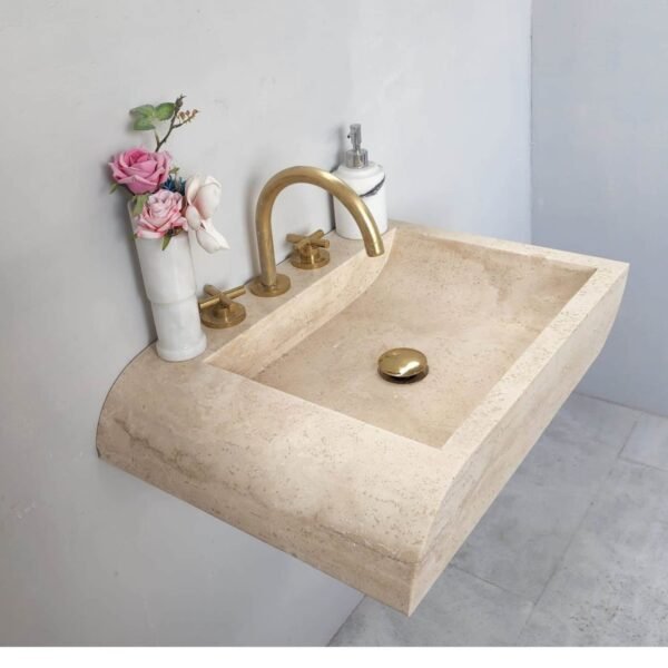 Açık Ton Traverten Mermer Lavabo – El Yapımı Duvara Monte Rustic Sink