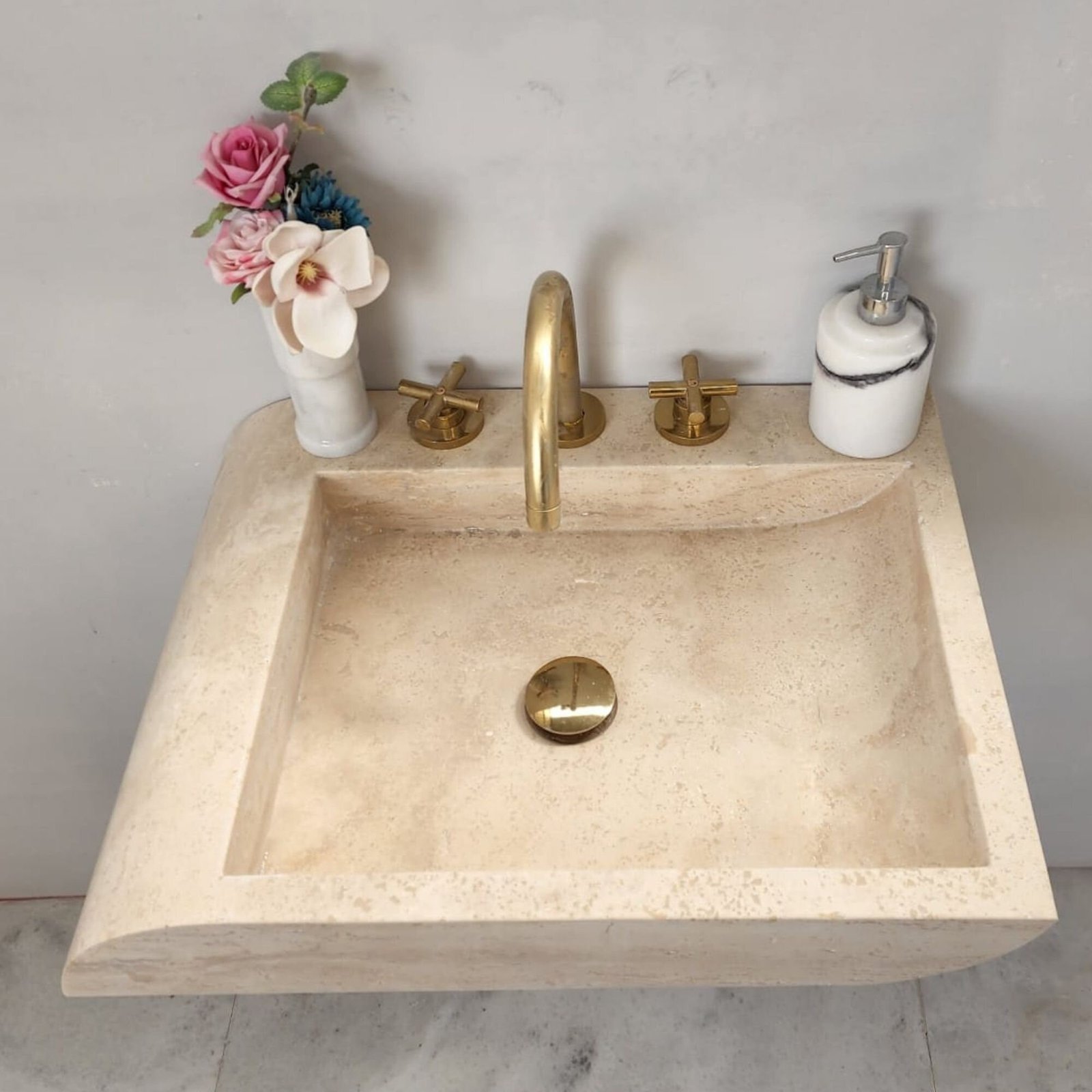 Açık Ton Traverten Mermer Lavabo – El Yapımı Duvara Monte Rustic Sink - Görsel 5