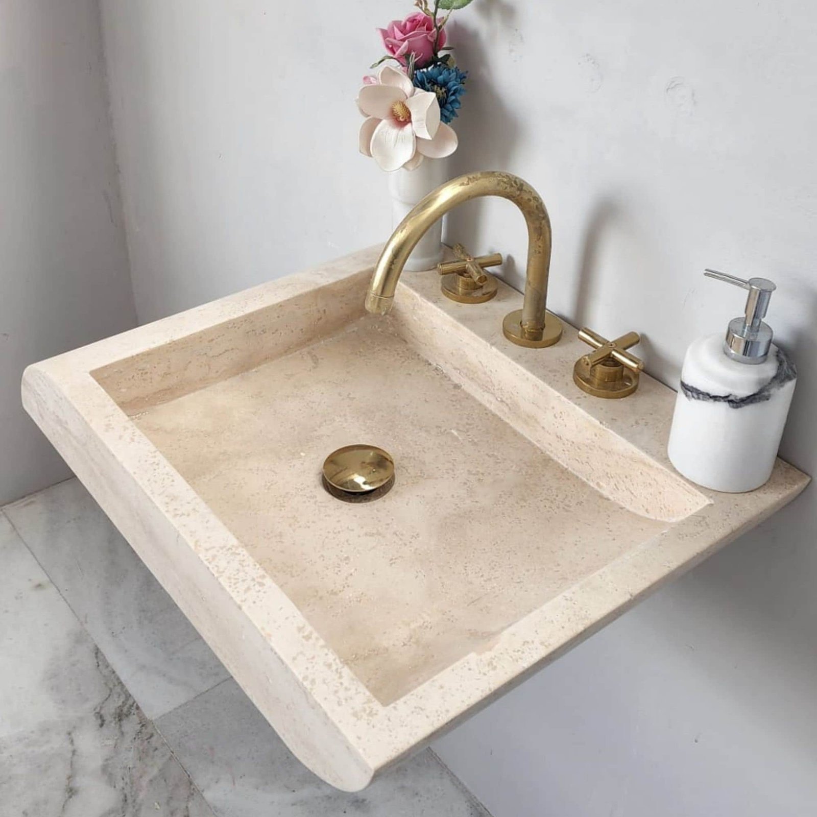 Açık Ton Traverten Mermer Lavabo – El Yapımı Duvara Monte Rustic Sink - Görsel 4
