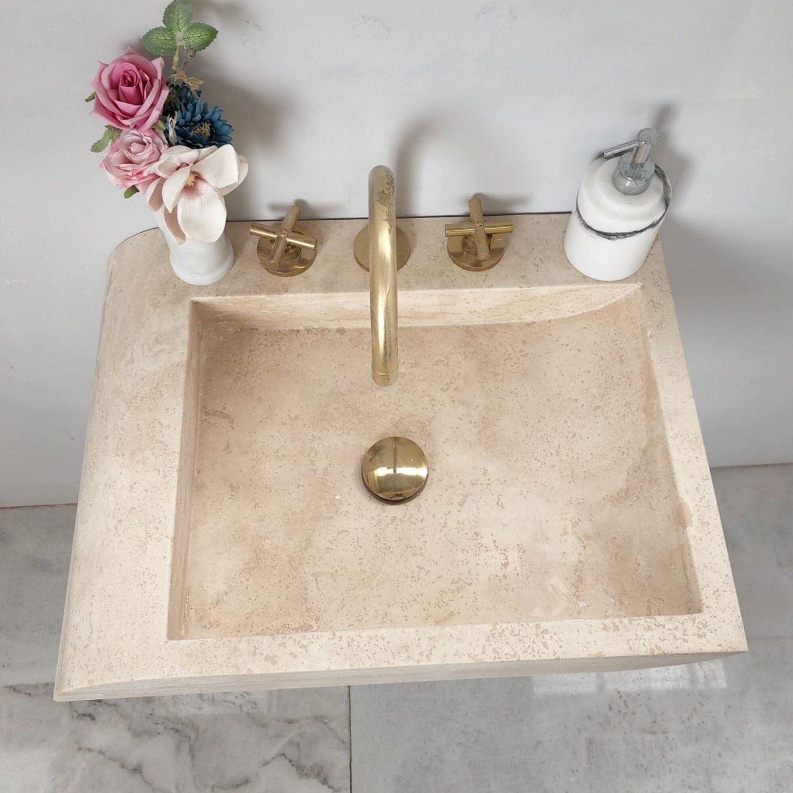 Açık Ton Traverten Mermer Lavabo – El Yapımı Duvara Monte Rustic Sink - Görsel 8