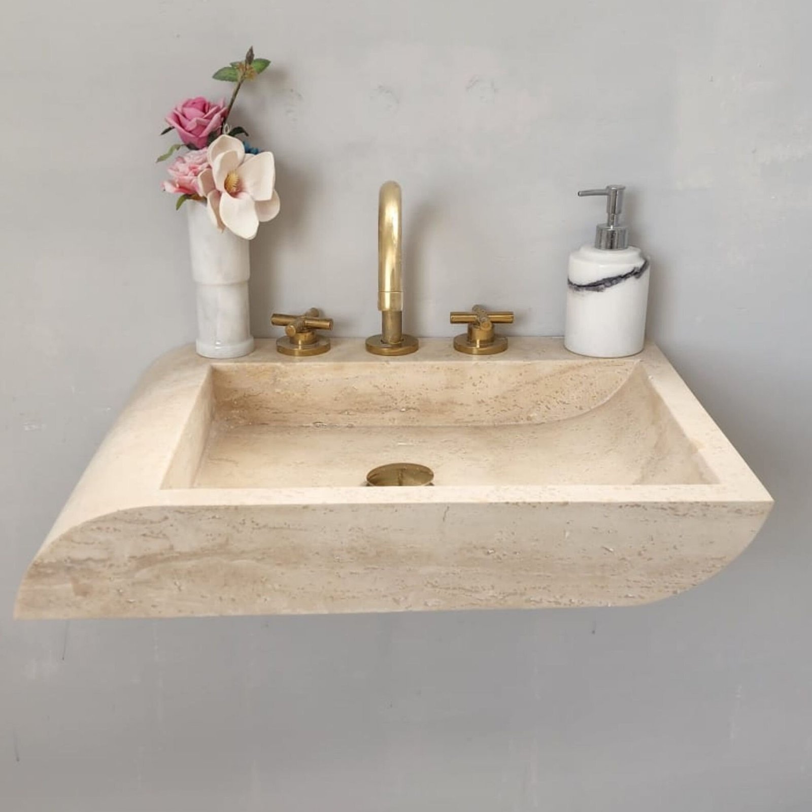 Açık Ton Traverten Mermer Lavabo – El Yapımı Duvara Monte Rustic Sink - Görsel 3