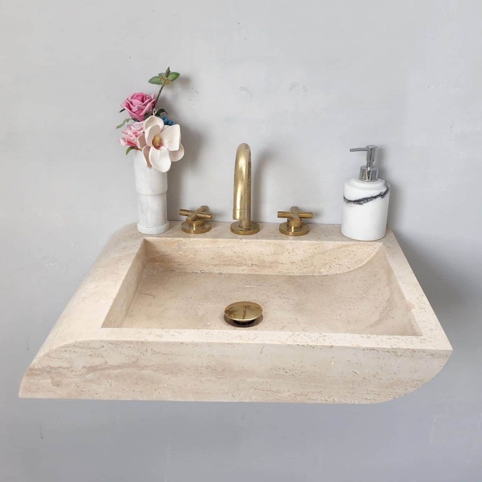 Açık Ton Traverten Mermer Lavabo – El Yapımı Duvara Monte Rustic Sink - Görsel 6