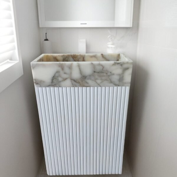 Calacatta Monet Mermer Ayaklı Lavabo – Özel Üretim Limestone Kaideli Lüks Basin