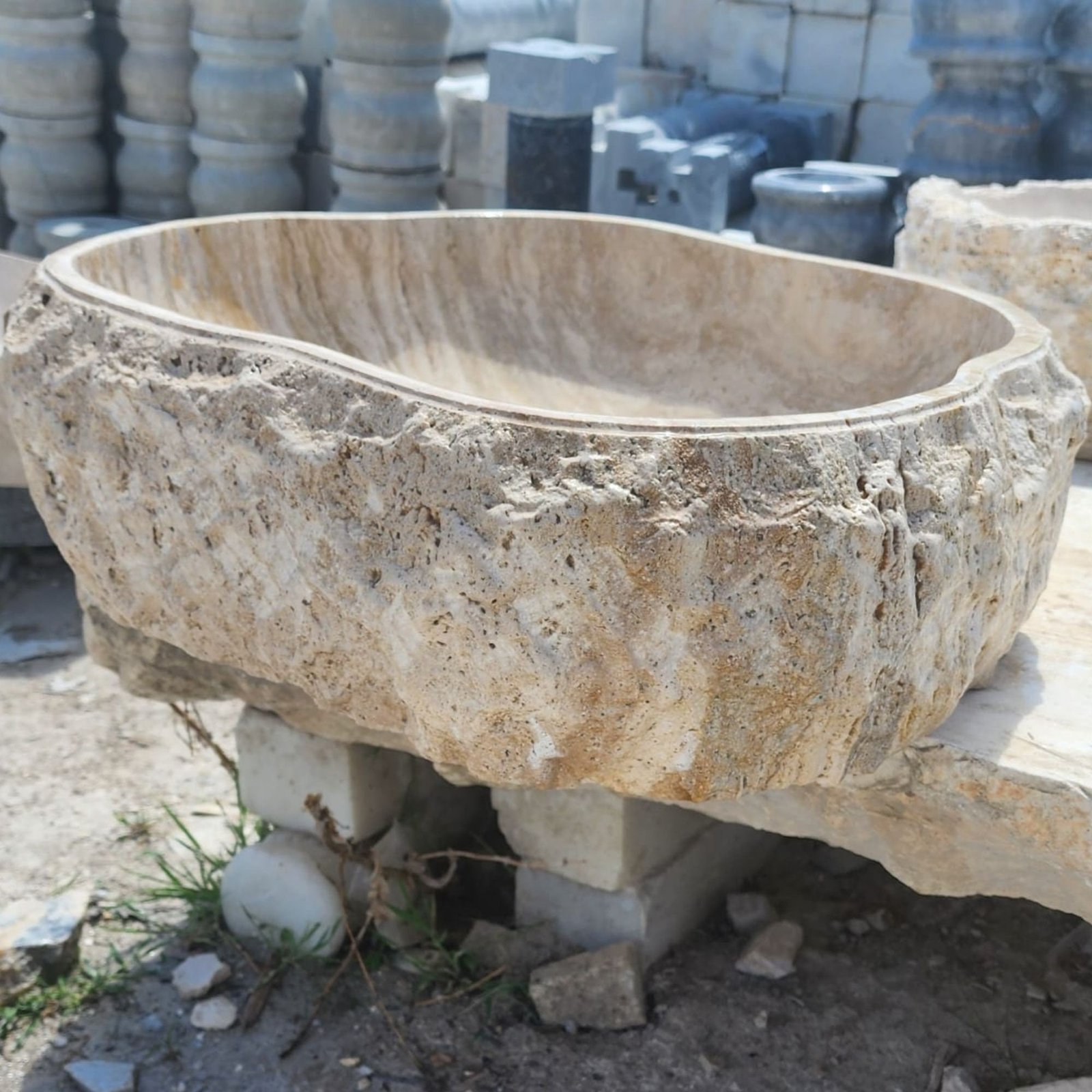 Traverten Mermer Lavabo – Doğal Formlu El Yapımı Rustic Vessel Basin - Görsel 7