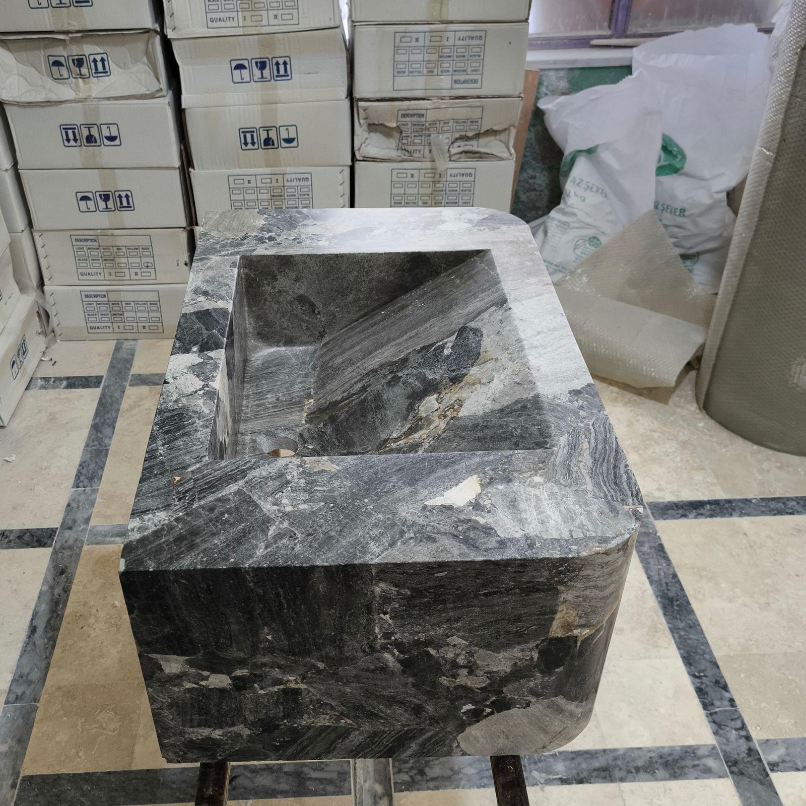 Gri Mermer Duvara Monte Lavabo – El Yapımı Modern Banyo Vanity Basin - Görsel 7