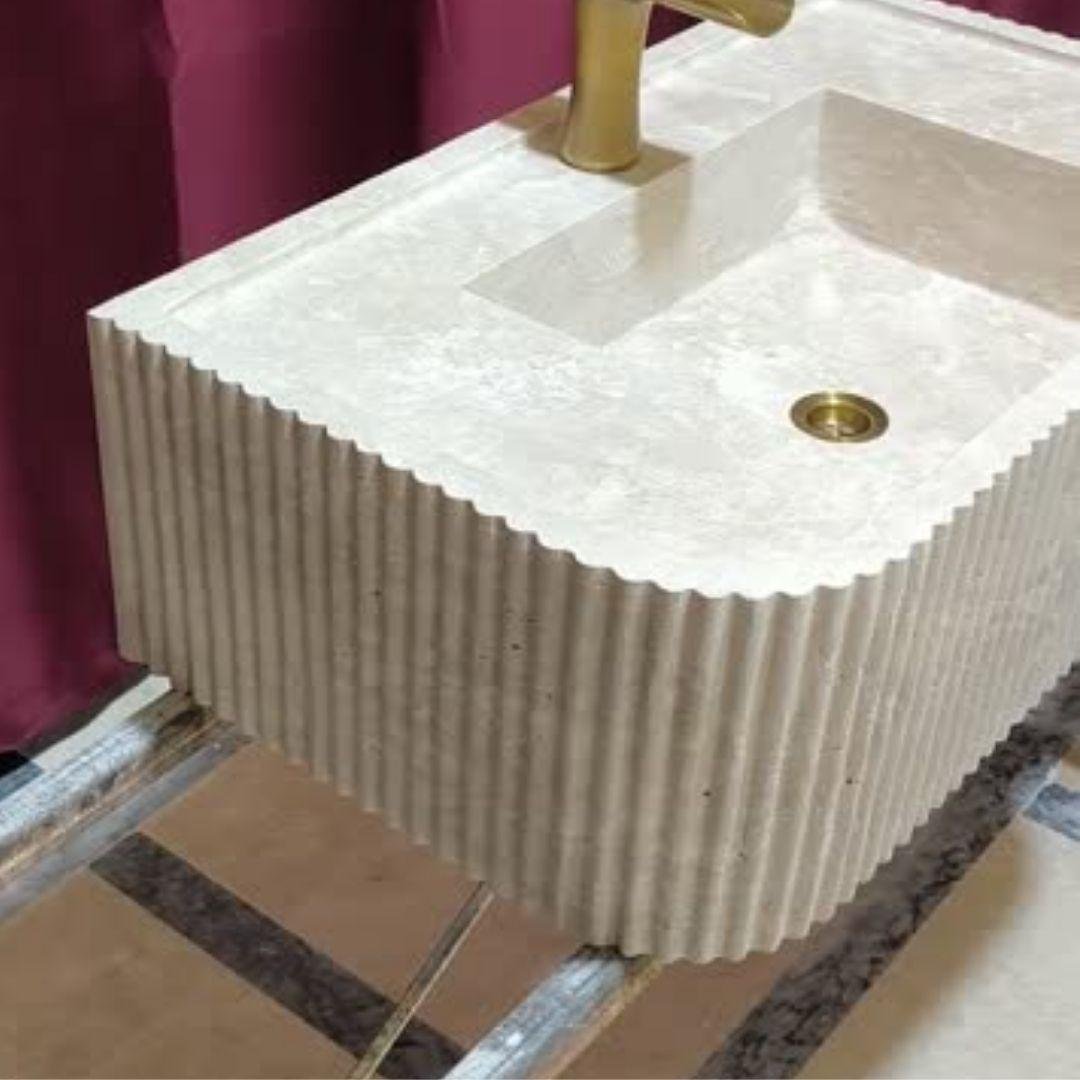 Rustik Traverten Mermer Lavabo – Fluted (Kanallı) Duvara Monte Vanity - Görsel 4