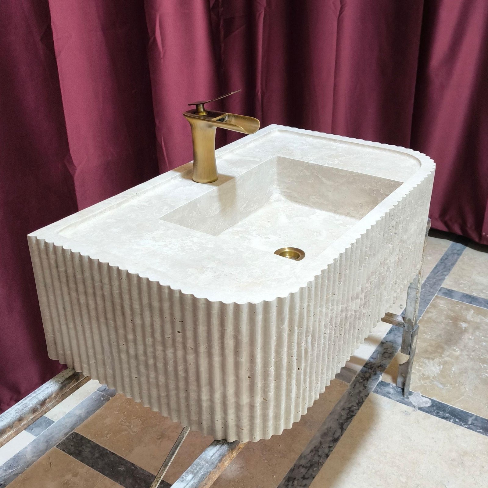 Rustik Traverten Mermer Lavabo – Fluted (Kanallı) Duvara Monte Vanity - Görsel 2