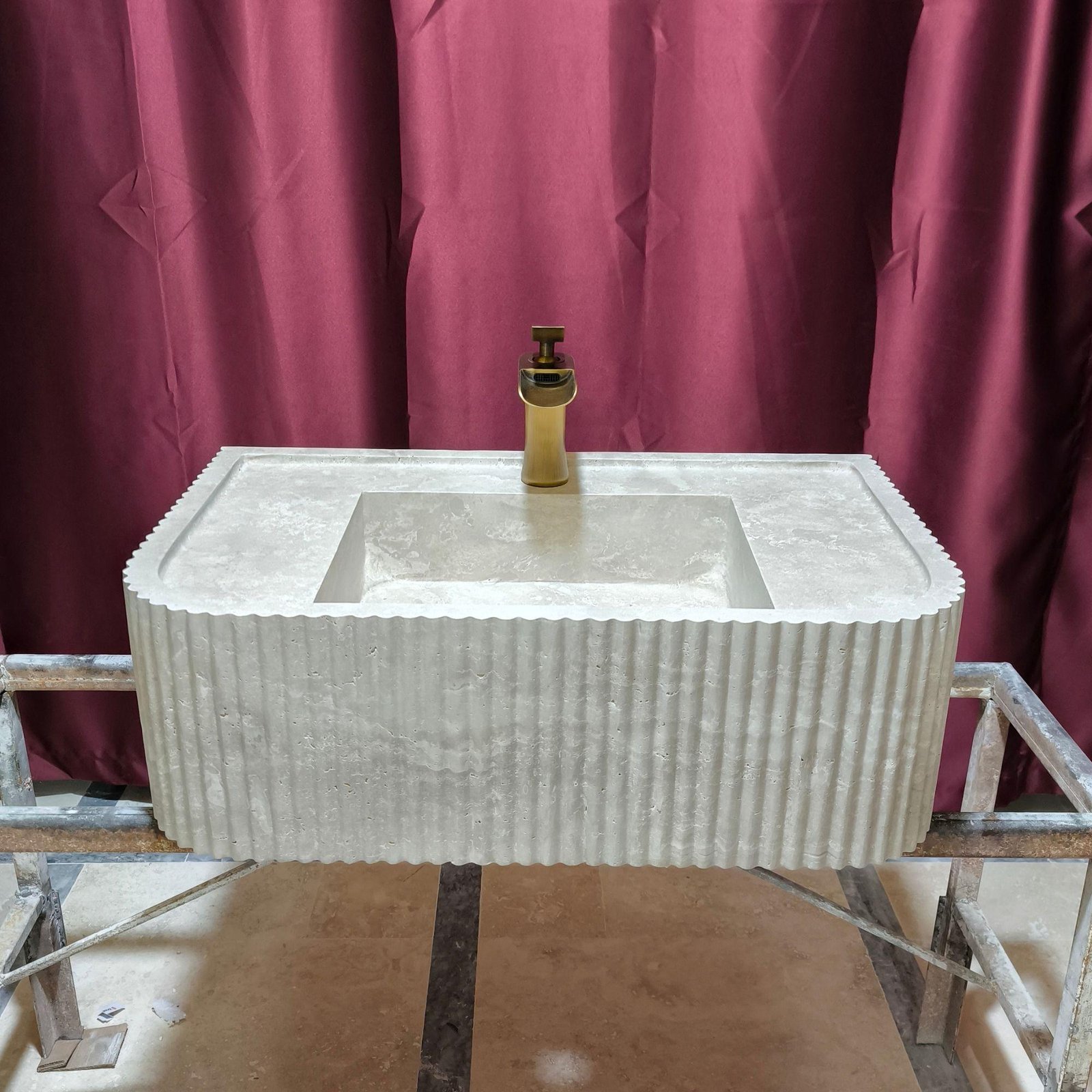 Rustik Traverten Mermer Lavabo – Fluted (Kanallı) Duvara Monte Vanity - Görsel 3