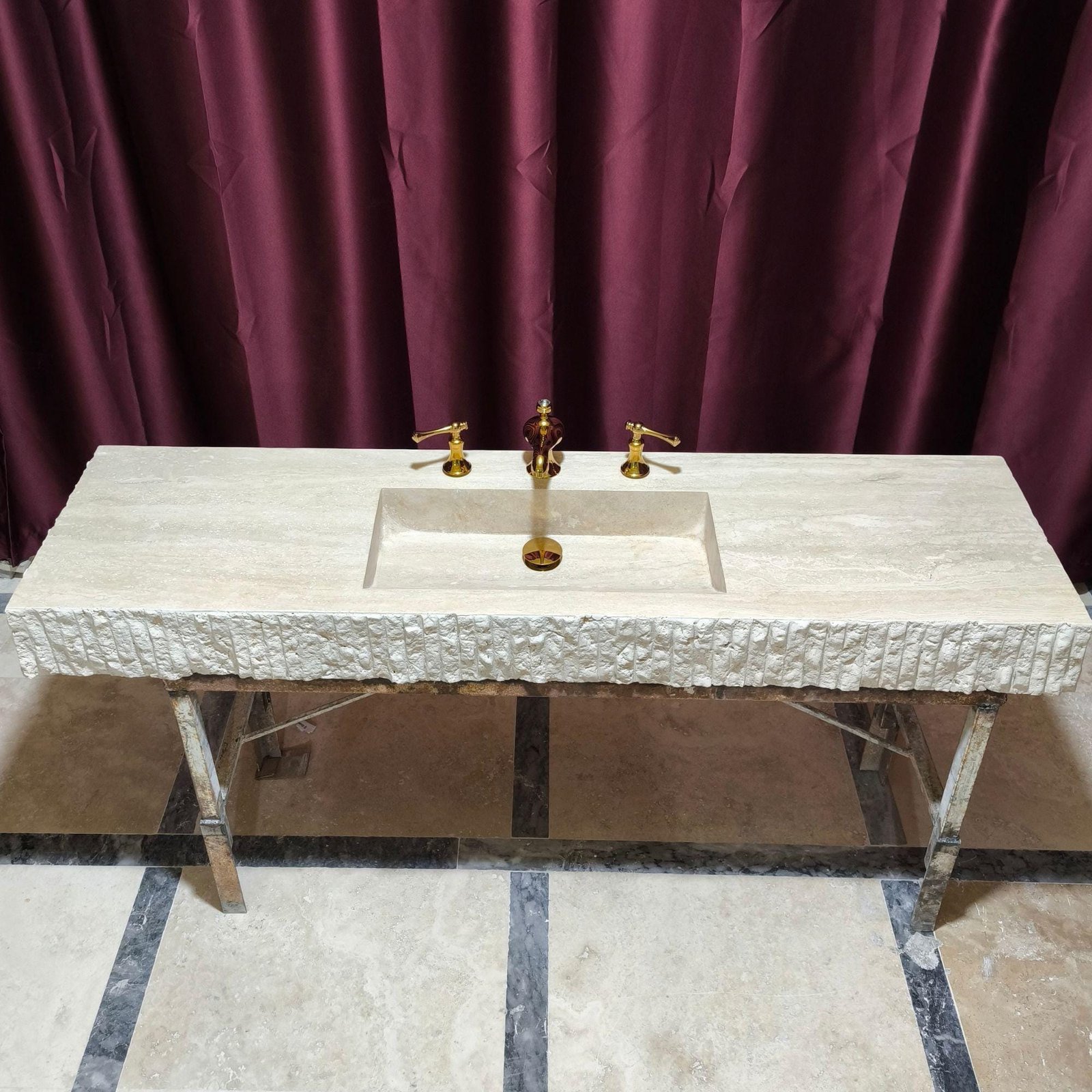 Traverten Mermer Lavabo – Rustik Split Face Duvara Monte Lüks Banyo Tezgahı (60") - Görsel 2