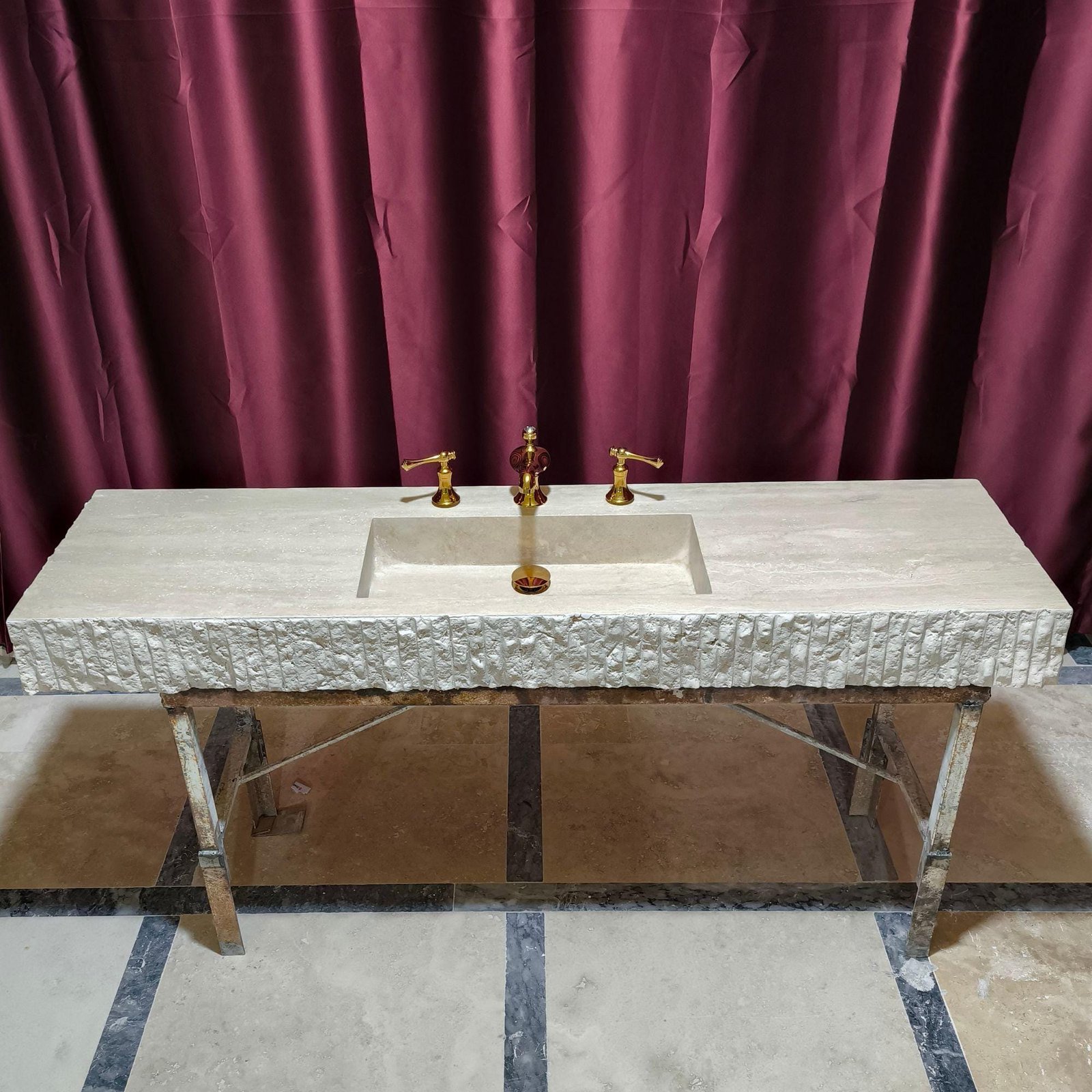Traverten Mermer Lavabo – Rustik Split Face Duvara Monte Lüks Banyo Tezgahı (60") - Görsel 3
