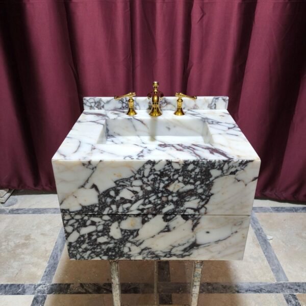 Calacatta Mermer Banyo Dolabı – Serbest Duran Lavabo ve Mermer Çekmeceli Vanity