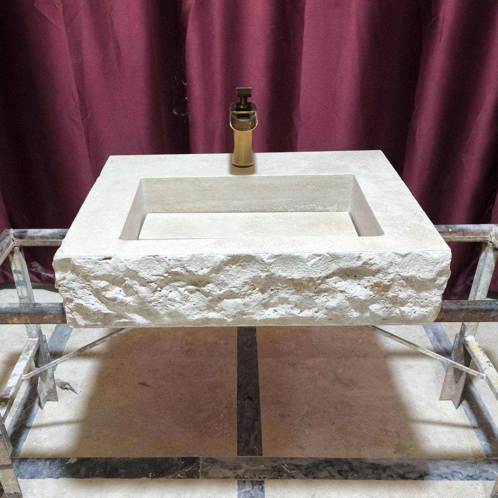 Traverten Mermer Lavabo – Duvara Monte Rustic Stone Vanity - Görsel 7