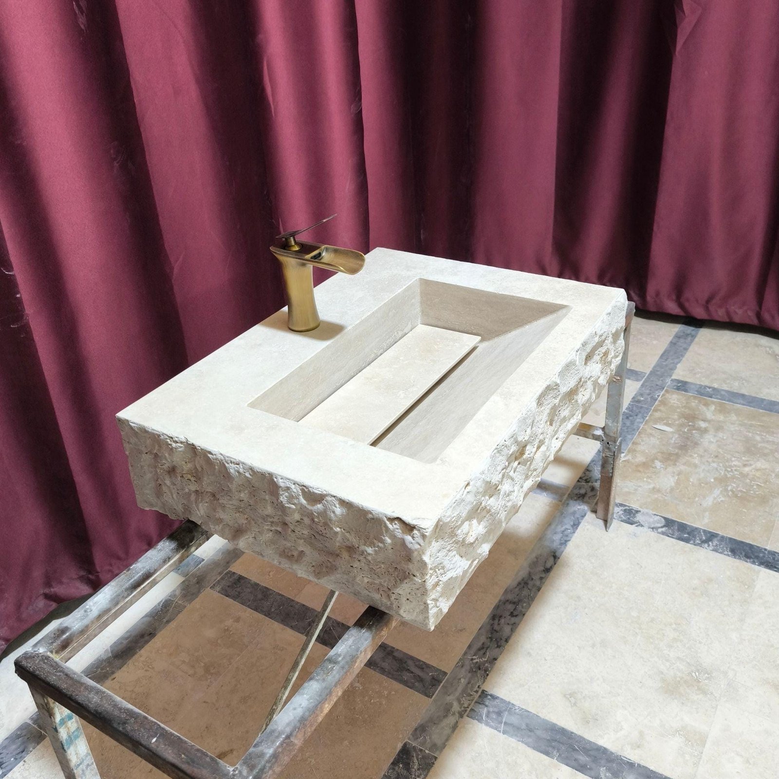 Traverten Mermer Lavabo – Duvara Monte Rustic Stone Vanity - Görsel 2