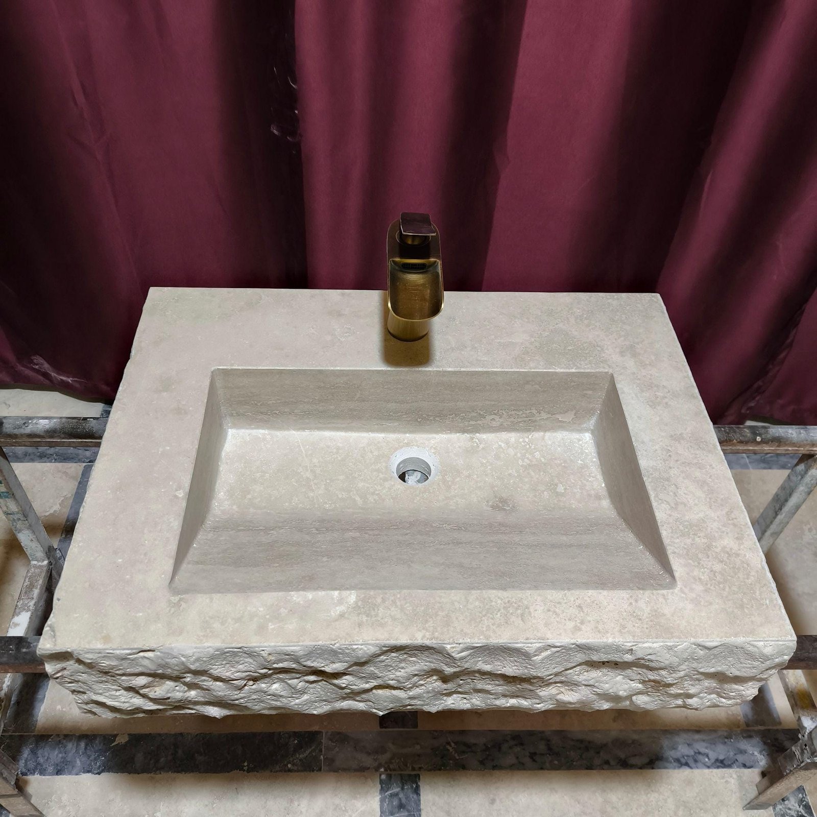 Traverten Mermer Lavabo – Duvara Monte Rustic Stone Vanity - Görsel 5