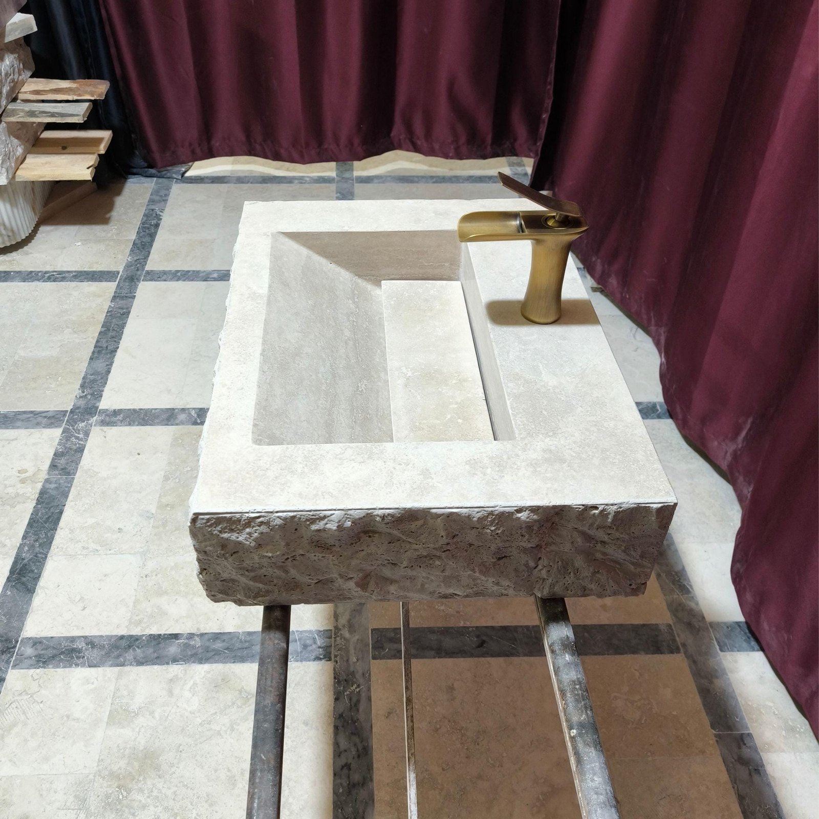 Traverten Mermer Lavabo – Duvara Monte Rustic Stone Vanity - Görsel 6