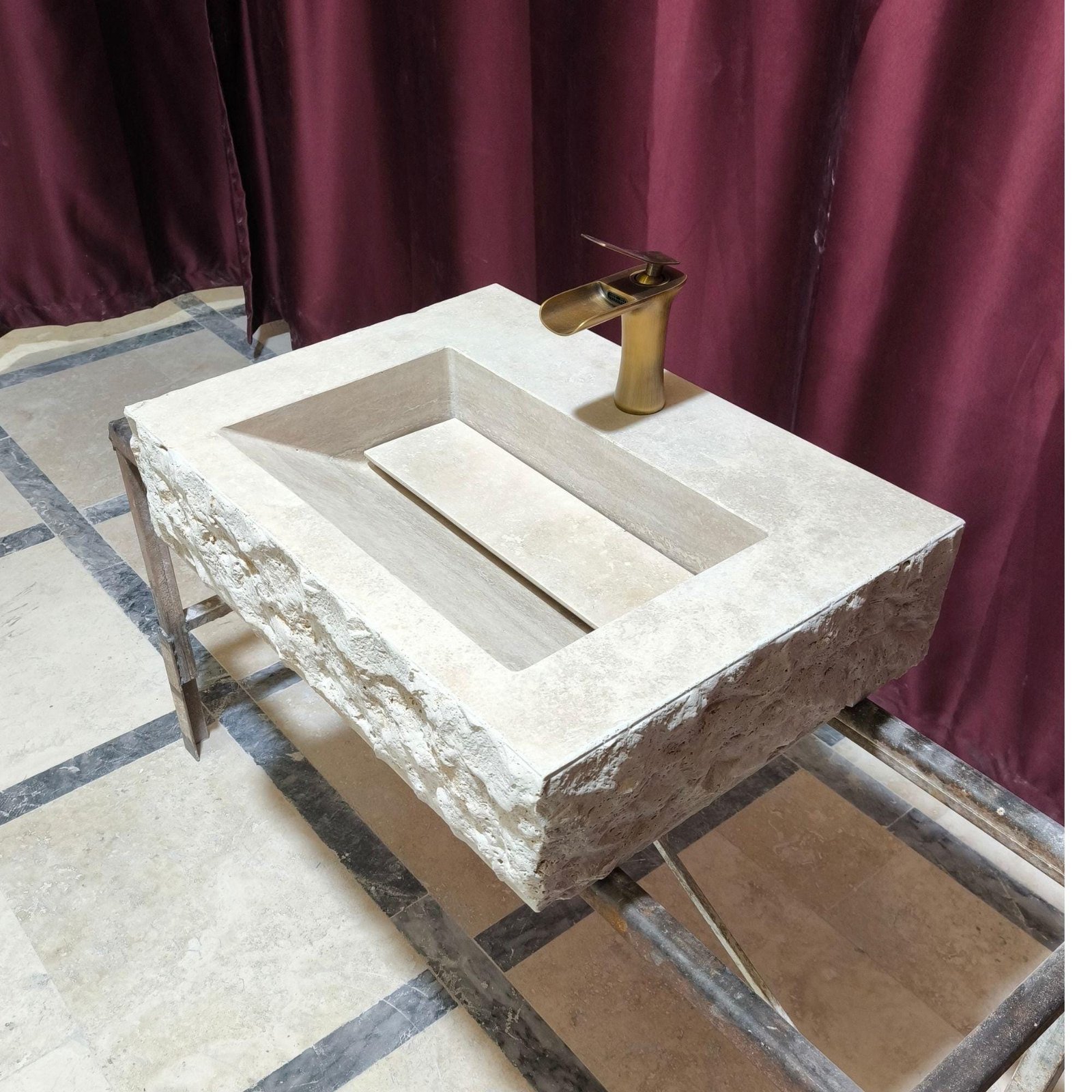 Traverten Mermer Lavabo – Duvara Monte Rustic Stone Vanity - Görsel 3