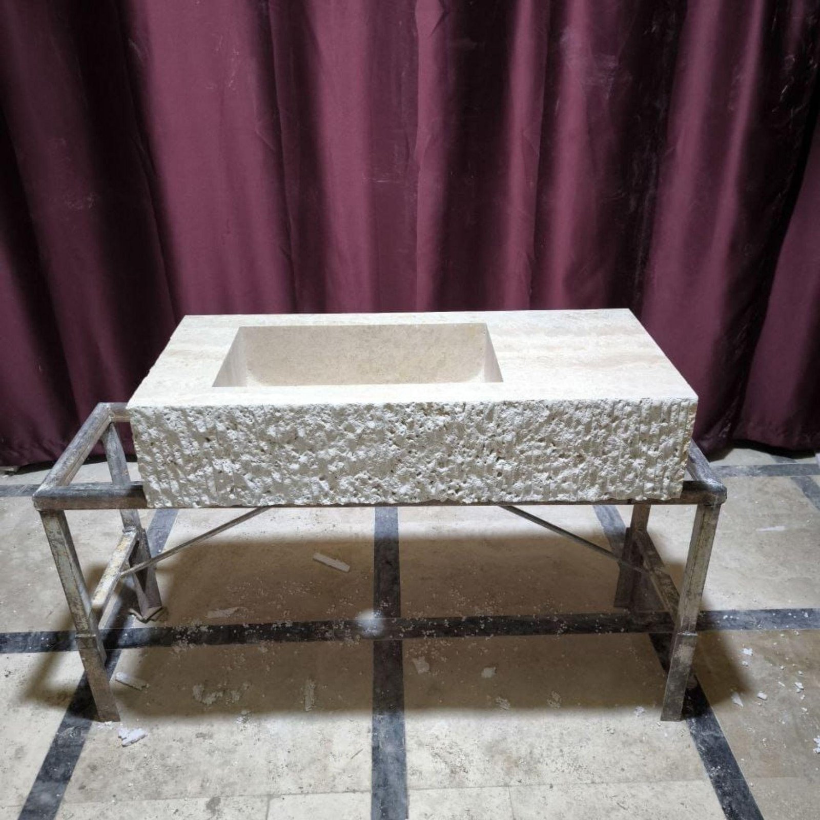 Doğal Traverten Duvara Monte Lavabo – Blasted Yüzey Modern Taş Vanity - Görsel 5