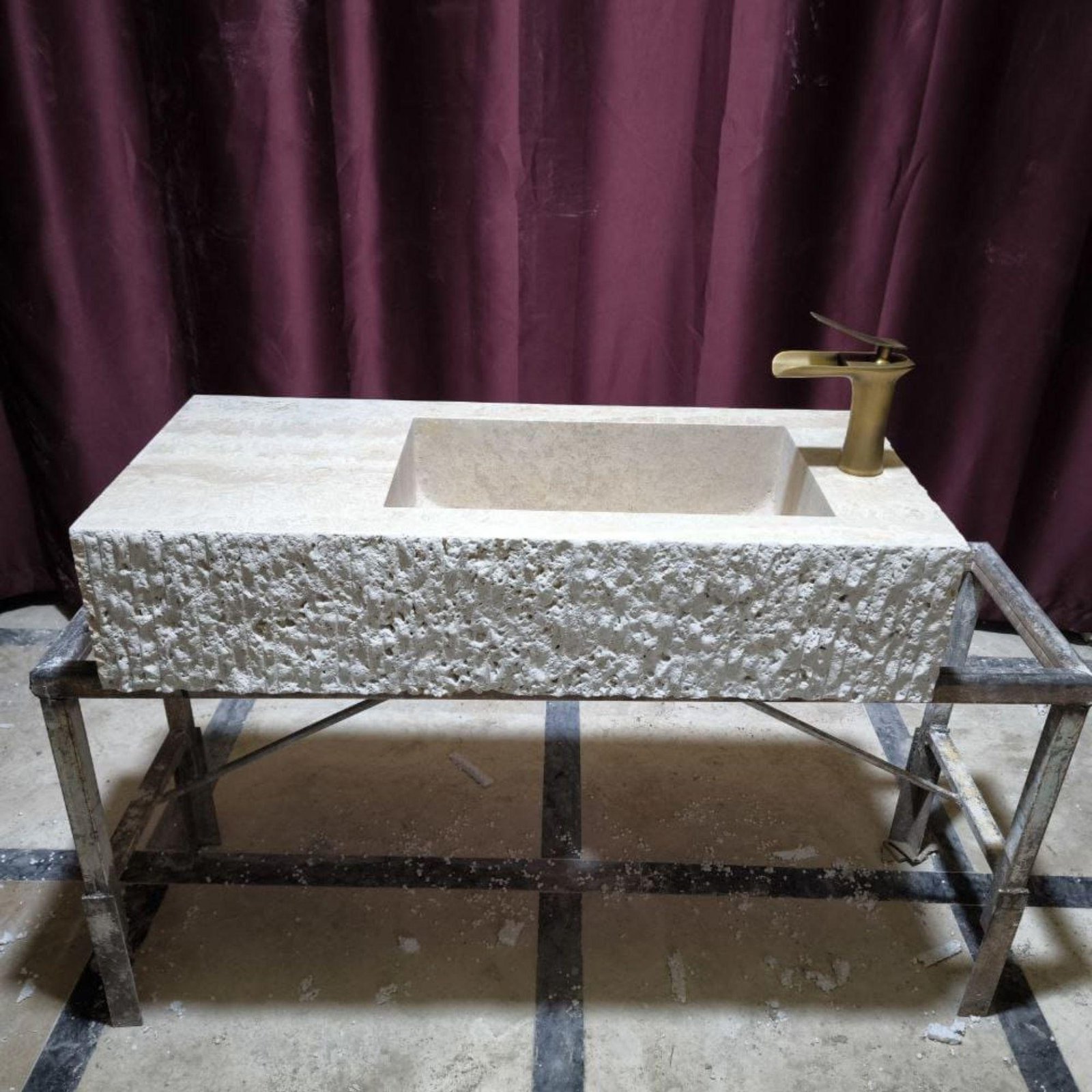 Doğal Traverten Duvara Monte Lavabo – Blasted Yüzey Modern Taş Vanity - Görsel 7
