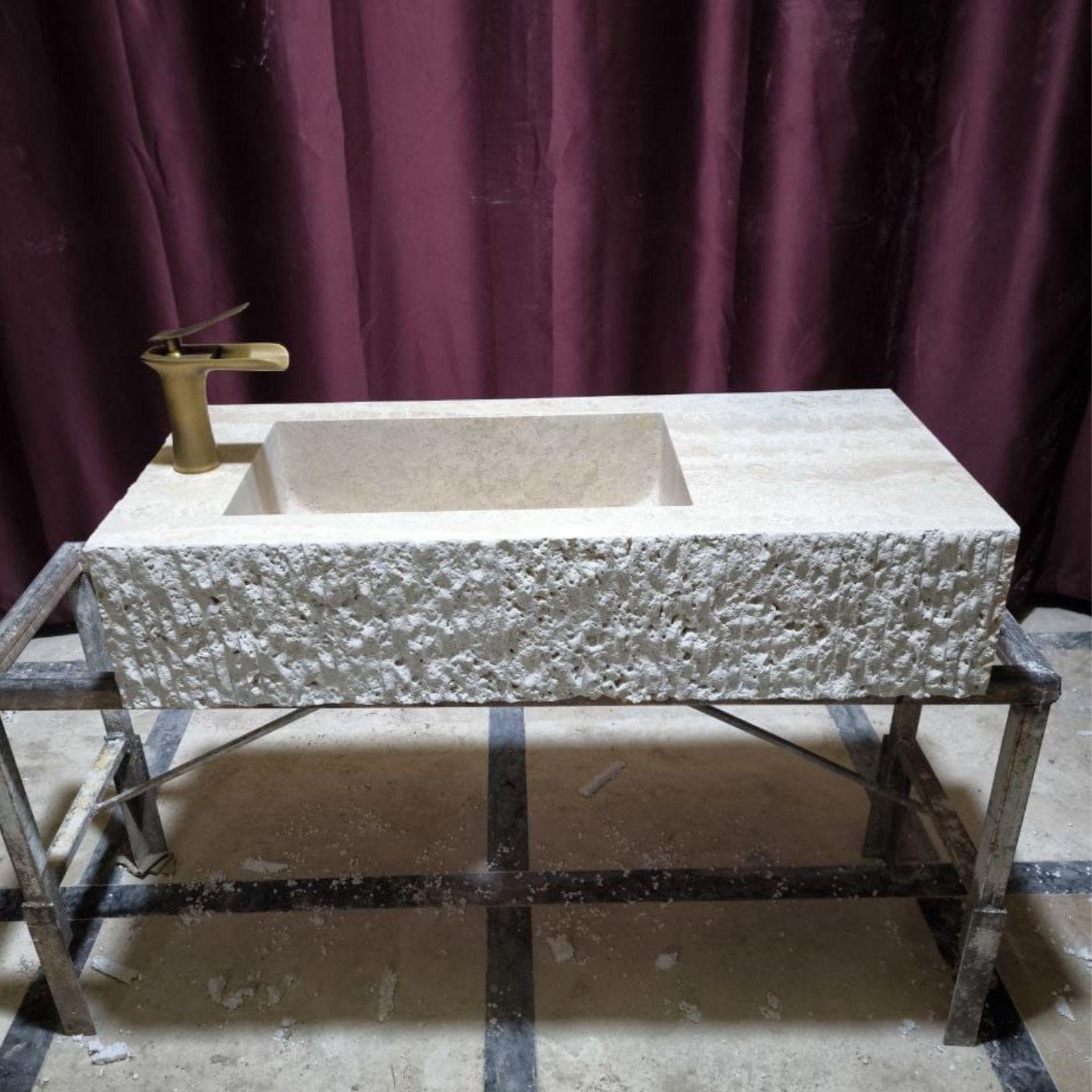 Doğal Traverten Duvara Monte Lavabo – Blasted Yüzey Modern Taş Vanity - Görsel 2