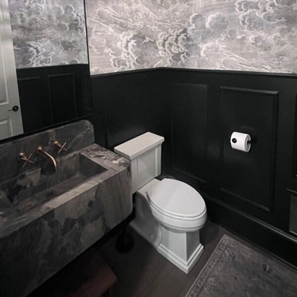 Gri Mermer Lavabo – Backsplash’li Dikdörtgen Modern Banyo Vanity