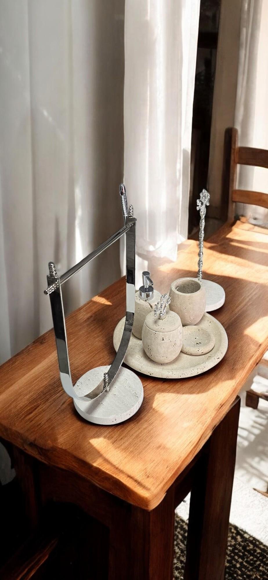 Traverten Banyo Aksesuar Seti – 9 Parça Minimalist Spa Koleksiyonu - Görsel 8