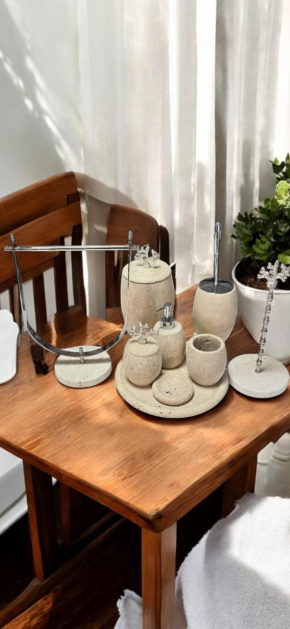 Traverten Banyo Aksesuar Seti – 9 Parça Minimalist Spa Koleksiyonu - Görsel 9