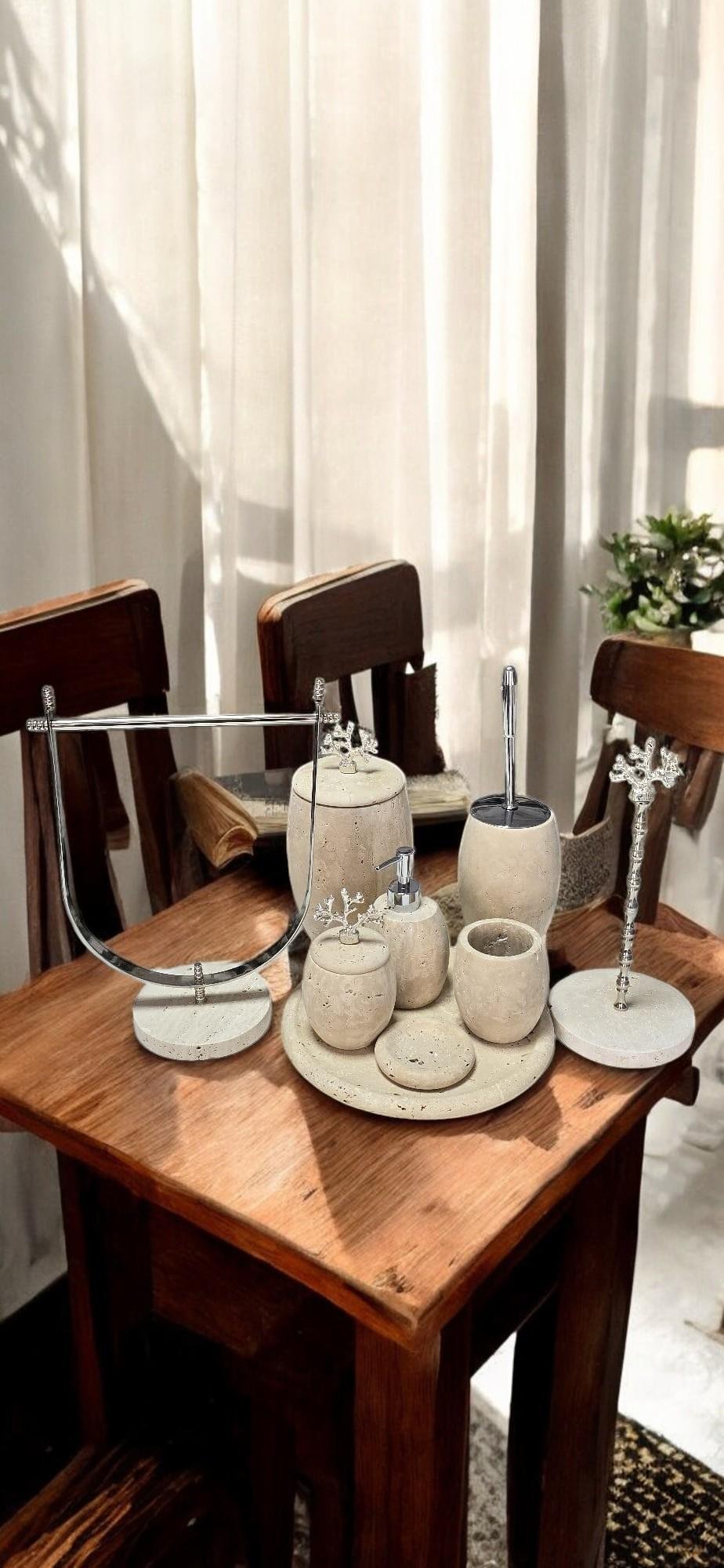 Traverten Banyo Aksesuar Seti – 9 Parça Minimalist Spa Koleksiyonu