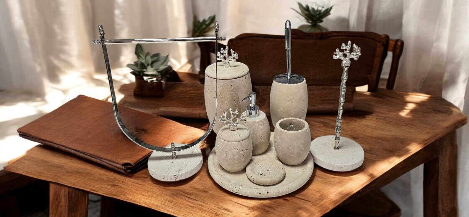 Traverten Banyo Aksesuar Seti – 9 Parça Minimalist Spa Koleksiyonu - Görsel 4