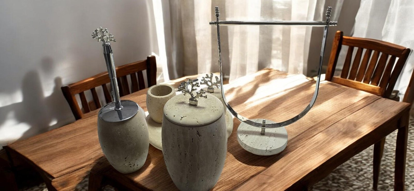 Traverten Banyo Aksesuar Seti – 9 Parça Minimalist Spa Koleksiyonu - Görsel 6