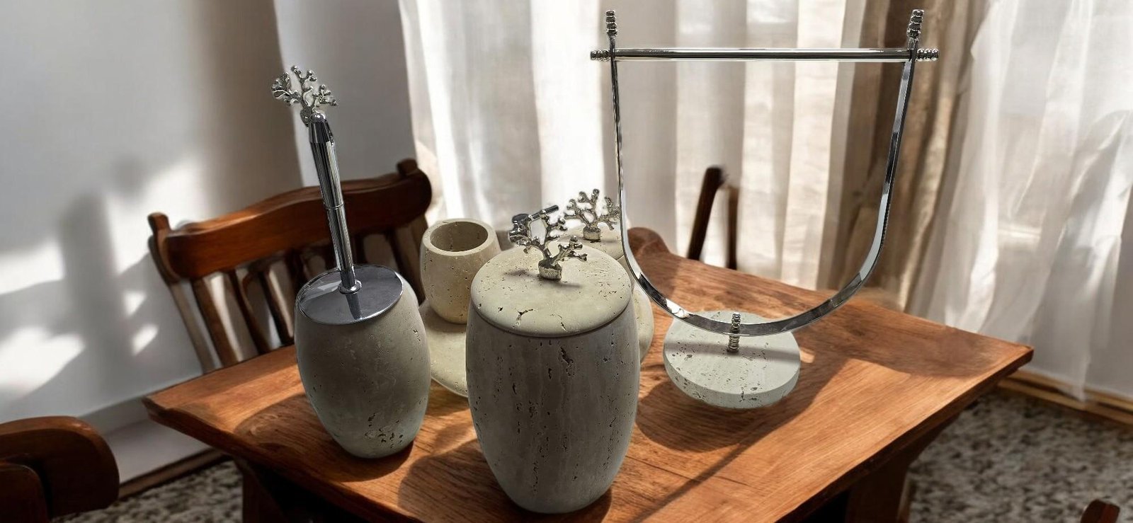 Traverten Banyo Aksesuar Seti – 9 Parça Minimalist Spa Koleksiyonu - Görsel 5