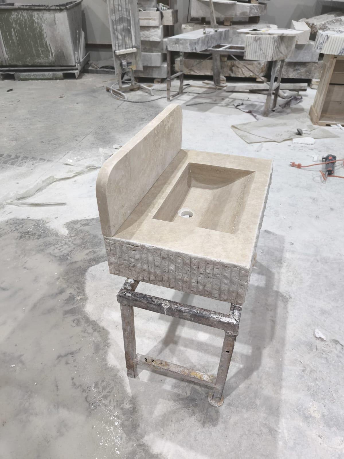 Traverten Mermer Lavabo – Backsplash’li El Yapımı Rustic Bathroom Sink - Görsel 6