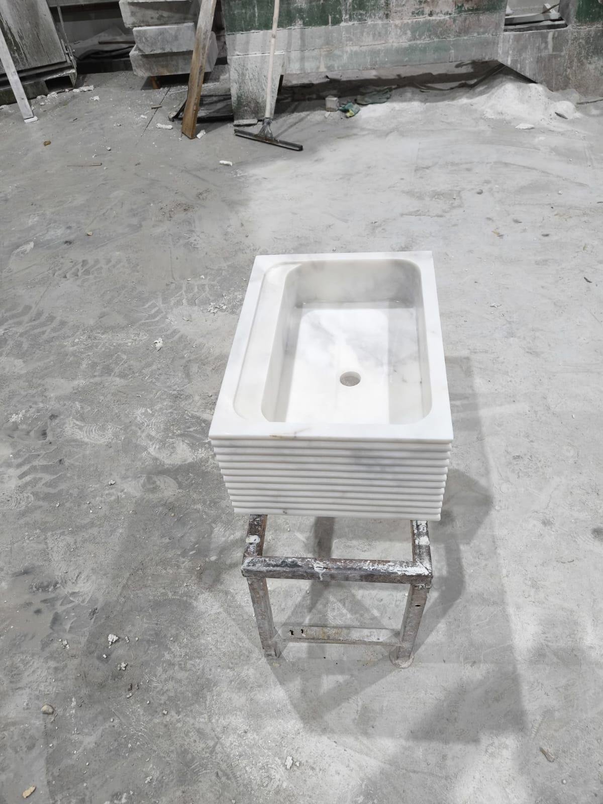 Beyaz Mermer Lavabo – Dikdörtgen Tezgah Üstü Parlak Taş Basin - Görsel 5