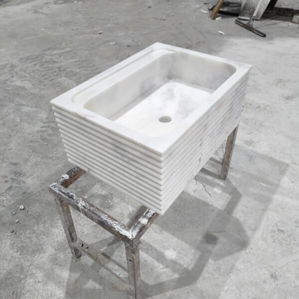 Beyaz Mermer Lavabo – Dikdörtgen Tezgah Üstü Parlak Taş Basin