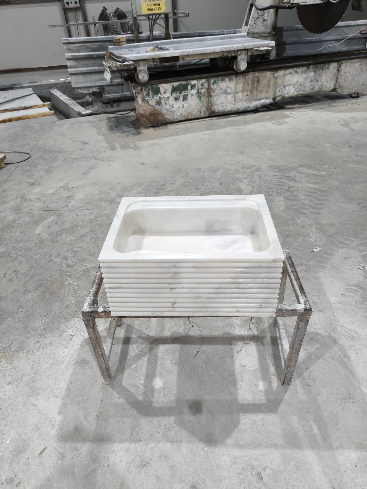Beyaz Mermer Lavabo – Dikdörtgen Tezgah Üstü Parlak Taş Basin - Görsel 3