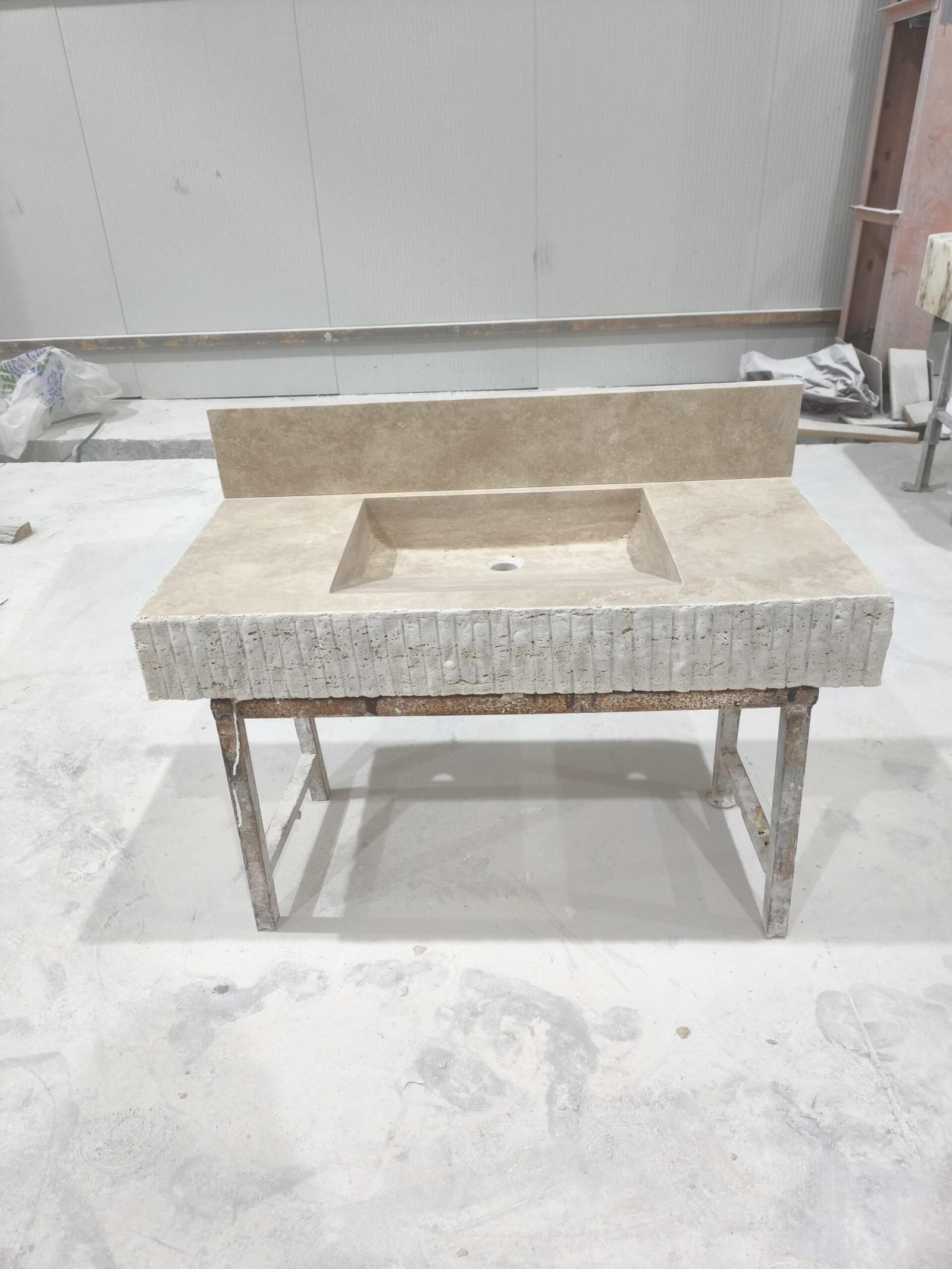 Traverten Mermer Lavabo – Backsplash’lı Duvara Monte Dikdörtgen Vanity - Görsel 7