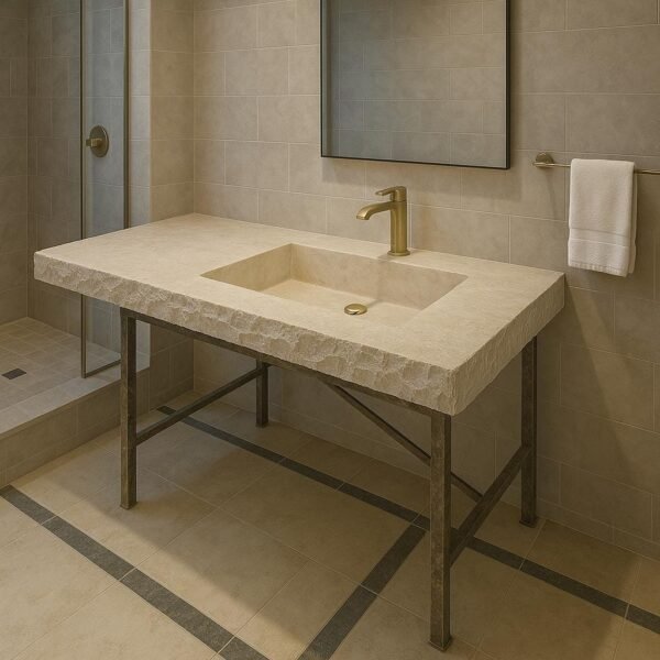 El Yapımı Traverten Tezgah Üstü Lavabo – Doğal Kenarlı Oyma Taş Banyo Tezgahı (24x52x7”)