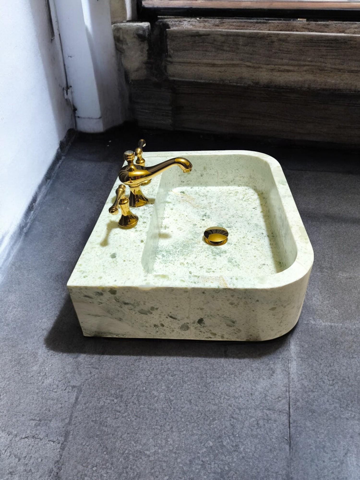 Yeşil Mermer Lavabo – Oval Form Tezgah Üstü Doğal Taş Vessel Sink (24") - Görsel 3