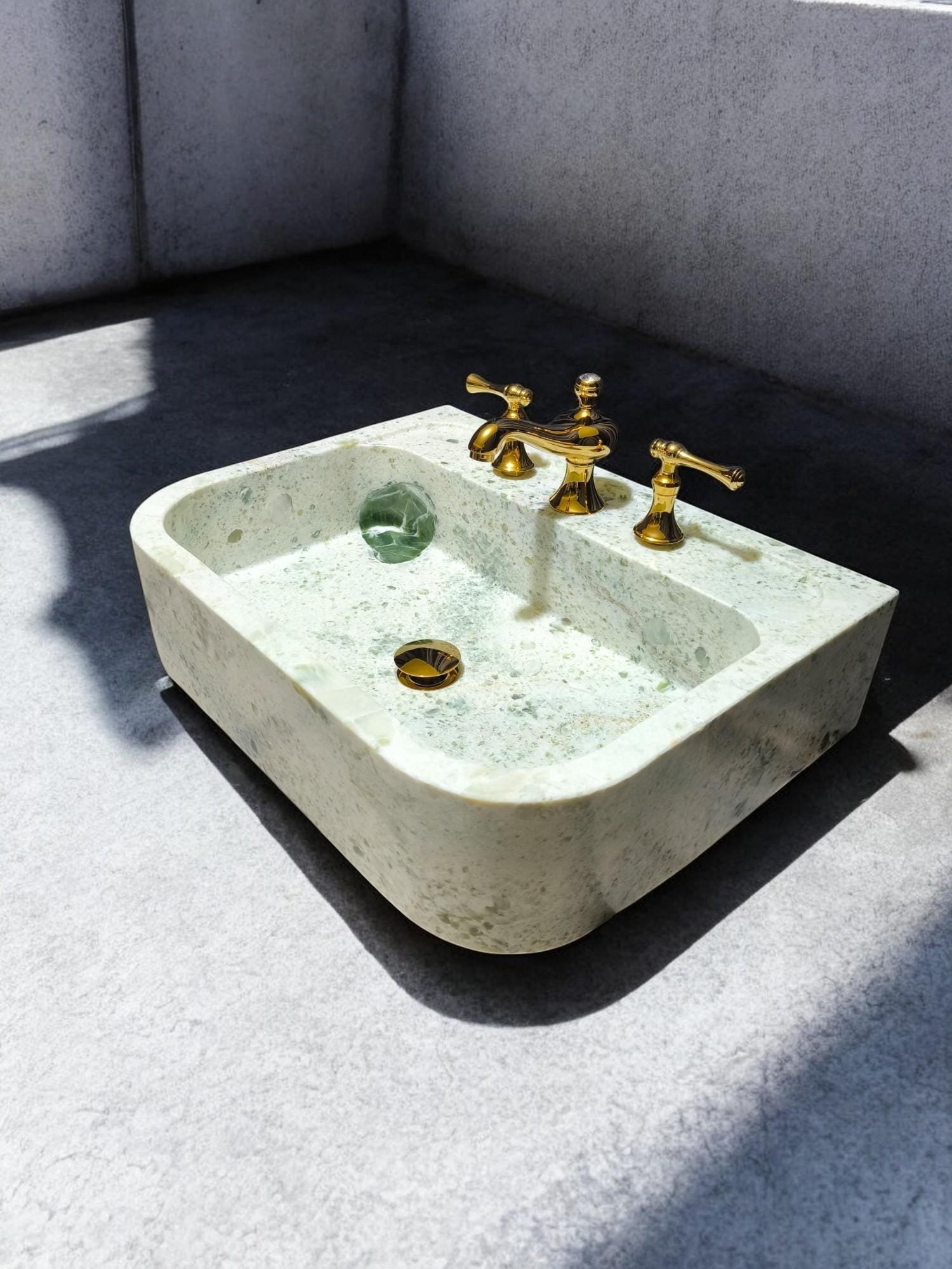 Yeşil Mermer Lavabo – Oval Form Tezgah Üstü Doğal Taş Vessel Sink (24") - Görsel 5