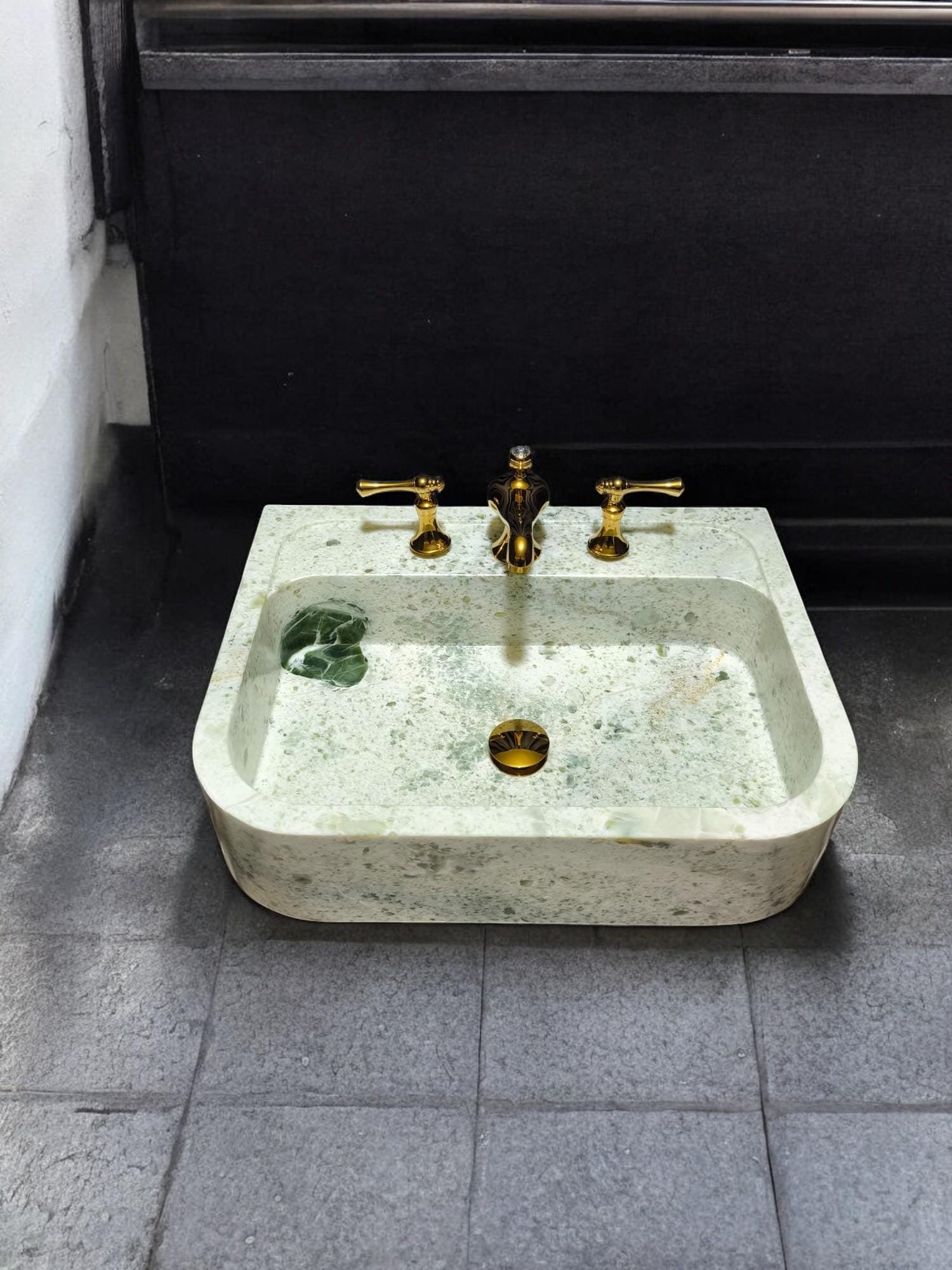 Yeşil Mermer Lavabo – Oval Form Tezgah Üstü Doğal Taş Vessel Sink (24") - Görsel 7